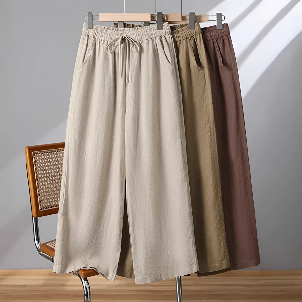 Women's straight-leg casual trousers in apricot colour with elastic drawstring waist