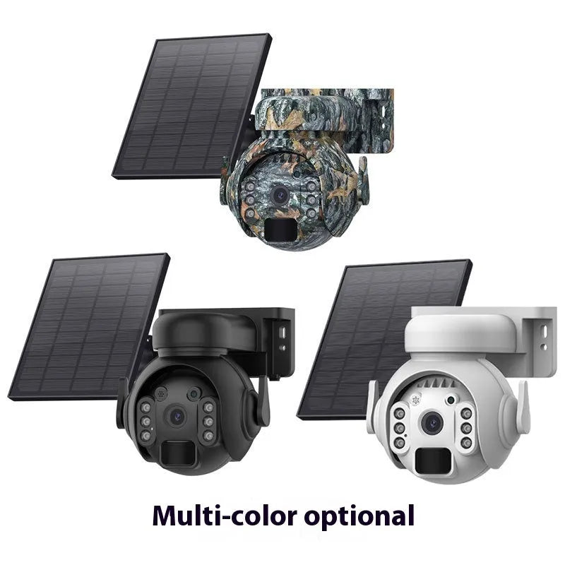 Q55 solar security camera in camouflage, black, or white colour with solar panel and mounting bracket