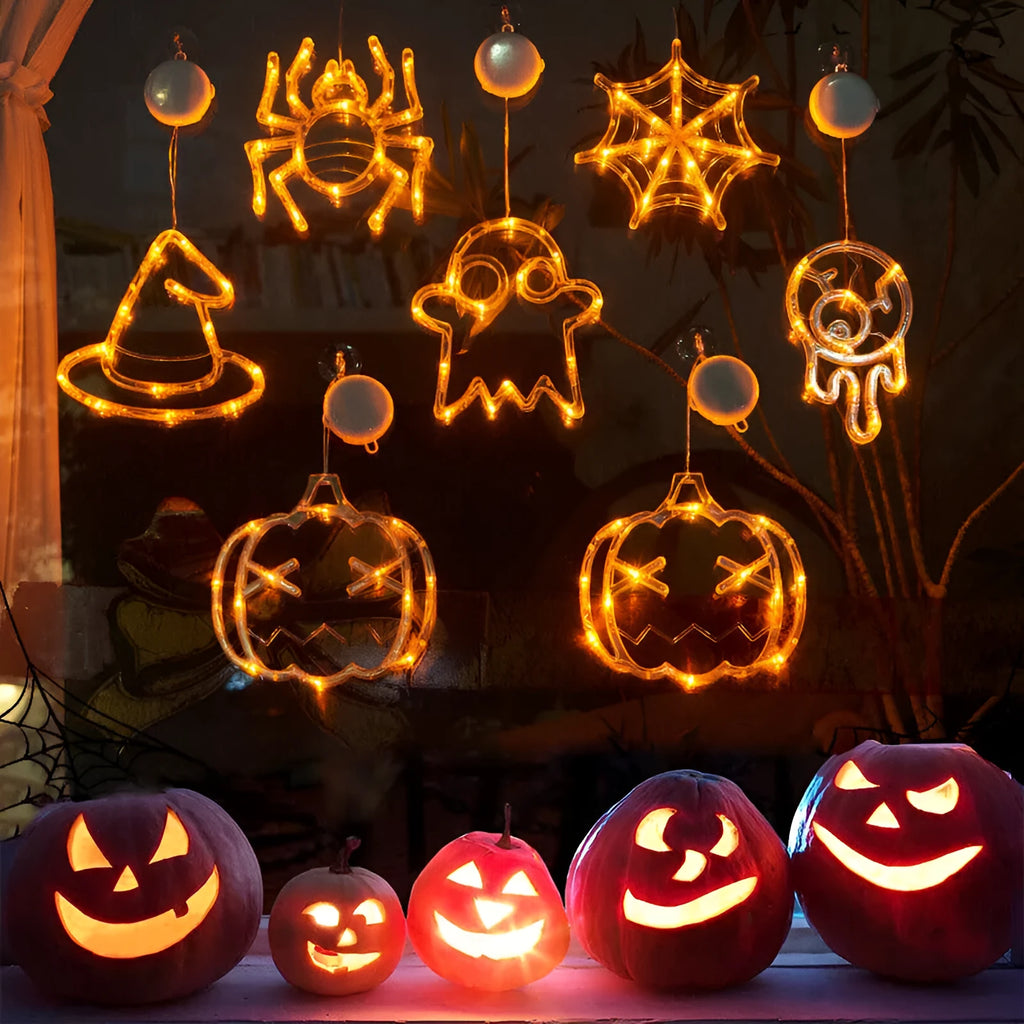 Halloween window hanging LED lights set with seven designs including spiders, pumpkins, and ghosts