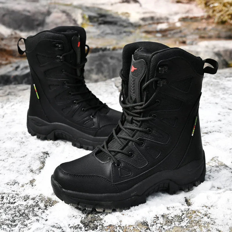 Cowhide leather hi-top hiking shoes in black, brown and beige colours on size chart background