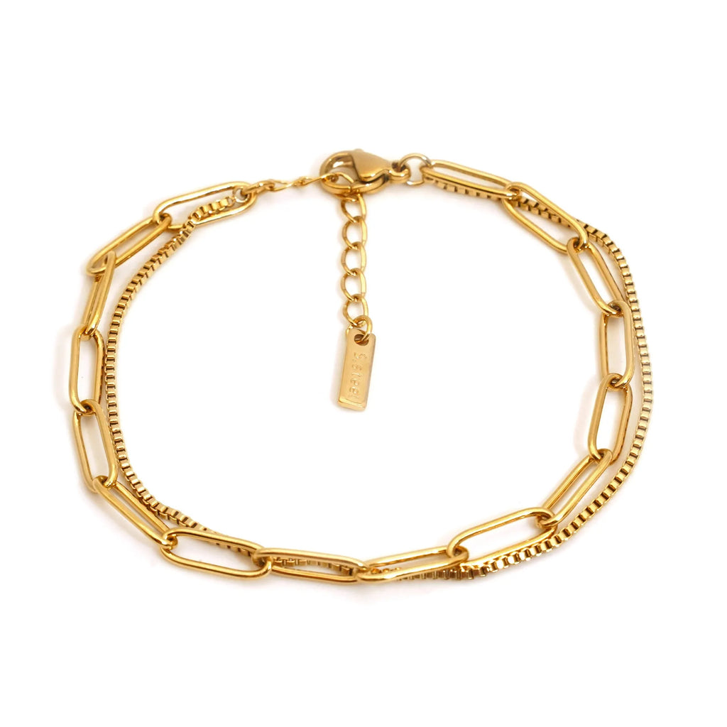 Geometric line women's bracelet with double layer stainless steel construction in gold or silver electroplated finish