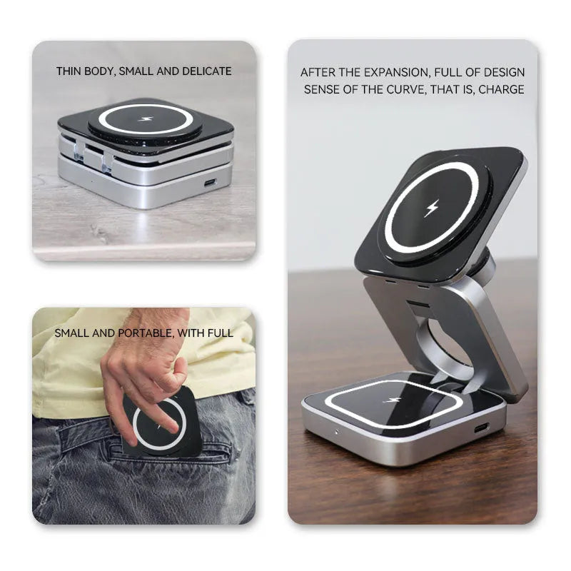 Three-in-one desktop wireless charging bracket showing foldable design with charging areas for multiple devices