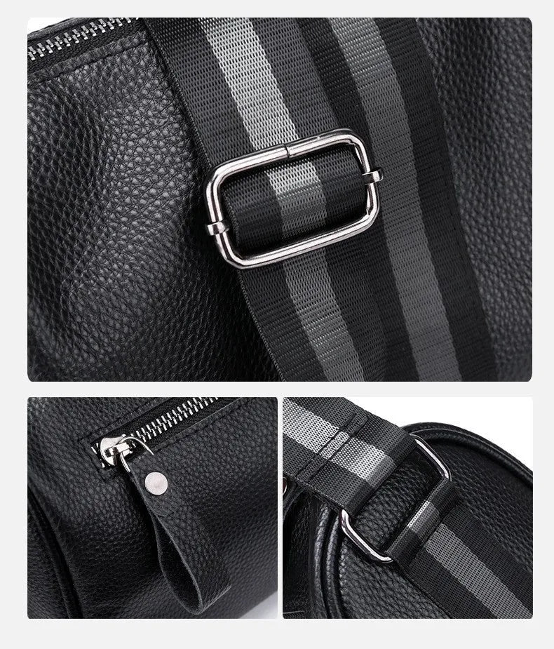 Black genuine leather one-shoulder crossbody bag showing 24x16x13cm dimensions and polyester lining interior