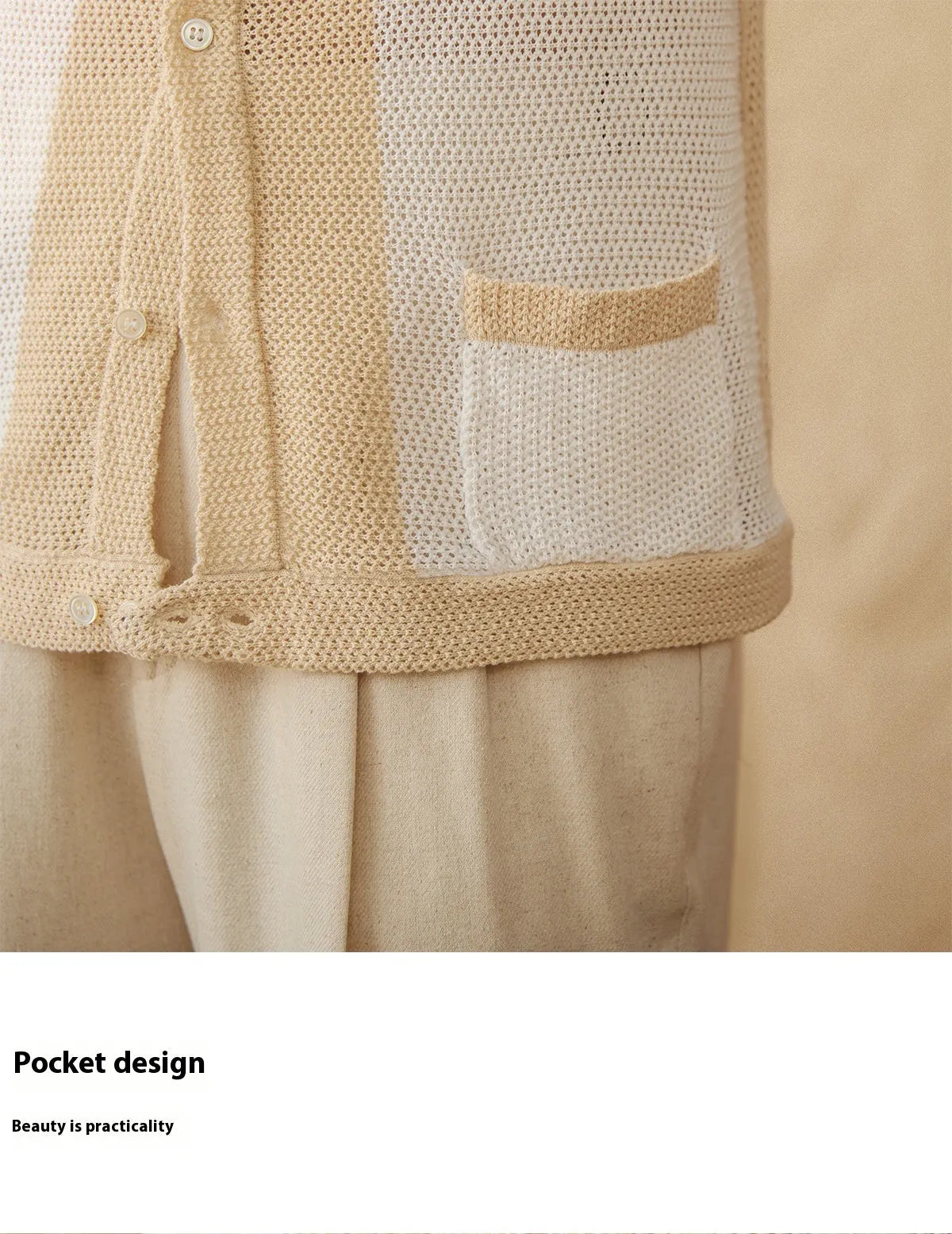 Women's beige lapel cardigan with short sleeves made from cotton and linen blend fabric