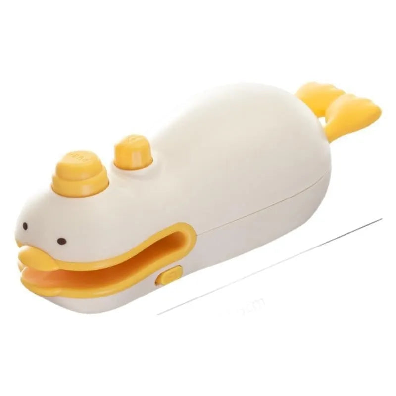 Small yellow duck animal jacquard style rechargeable handheld plastic bag sealing machine with charging cable.