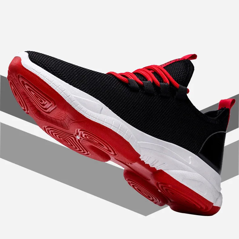 Men's black white mesh lace-up casual sneakers flat heel round toe