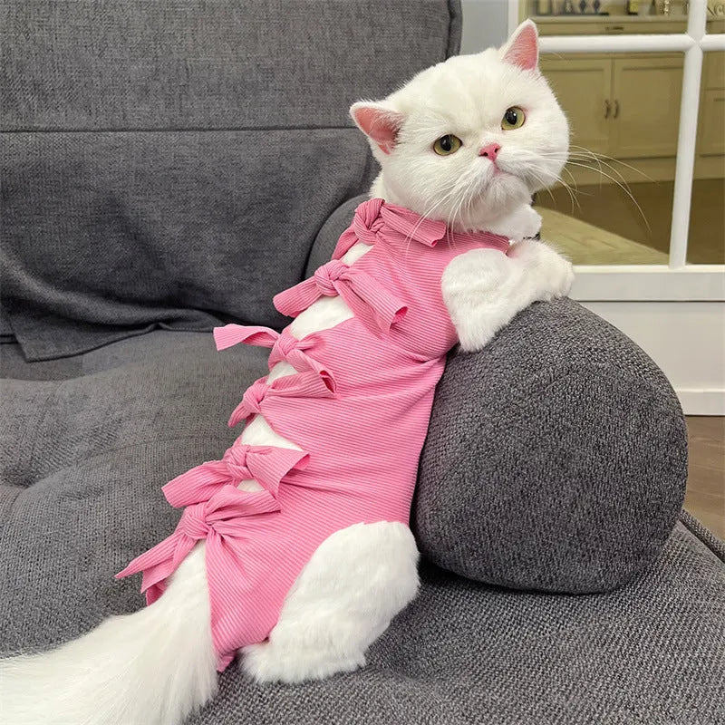 Adjustable lace-up cat sterilisation clothing in polyester fabric showing closure system and colour options