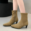 Brown square toe women's ankle boots with a side zipper, kitten heel, and a waterproof platform sole.