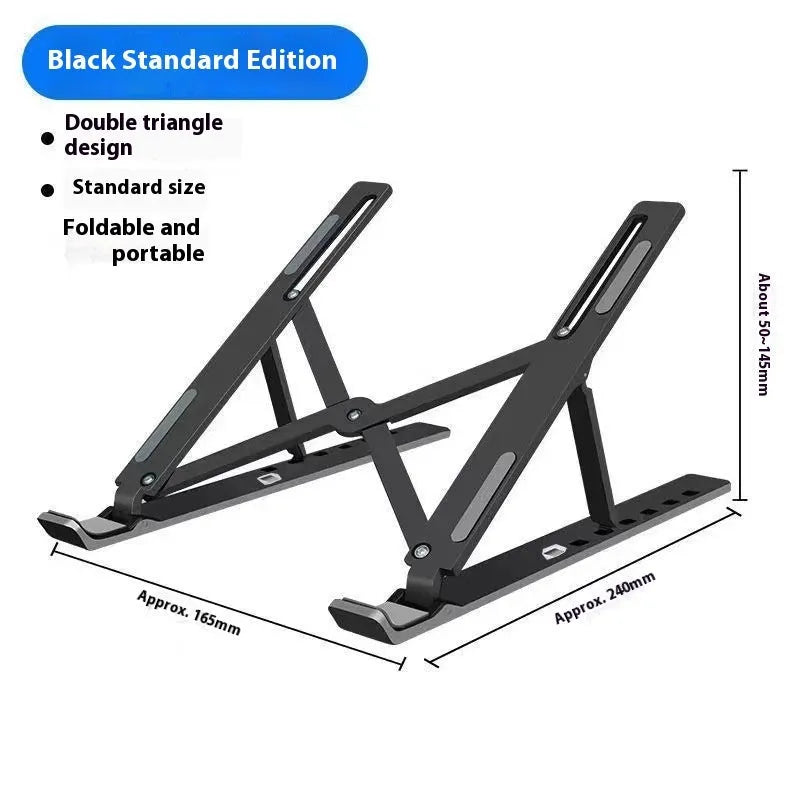 Aluminium alloy folding laptop stand in black, shown elevated with a laptop for improved cooling and ergonomics.