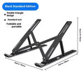 Aluminium alloy folding laptop stand in black, shown elevated with a laptop for improved cooling and ergonomics.
