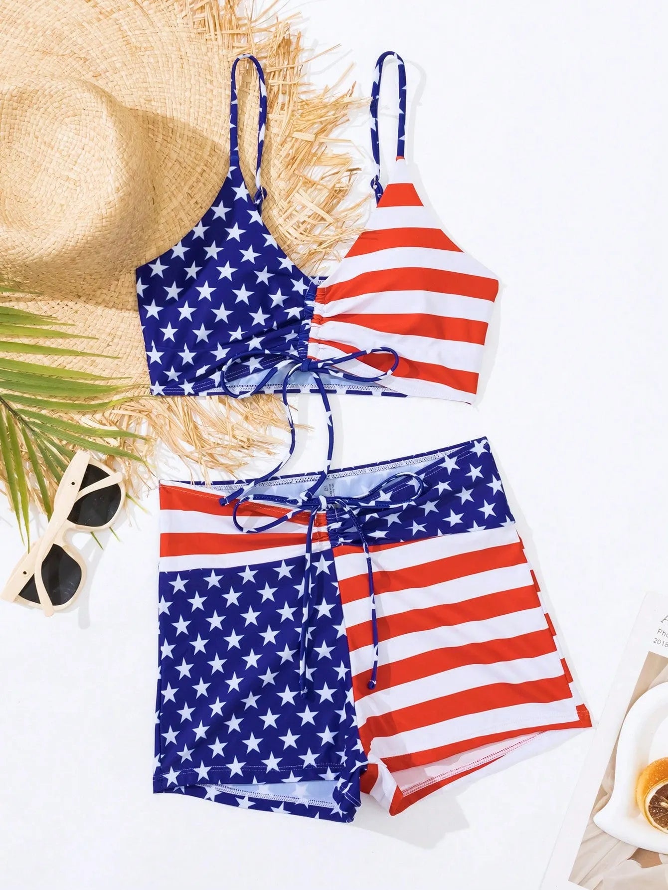 Women's high waist boxer swimsuit with drawstring waistband and red white blue stars and stripes pattern