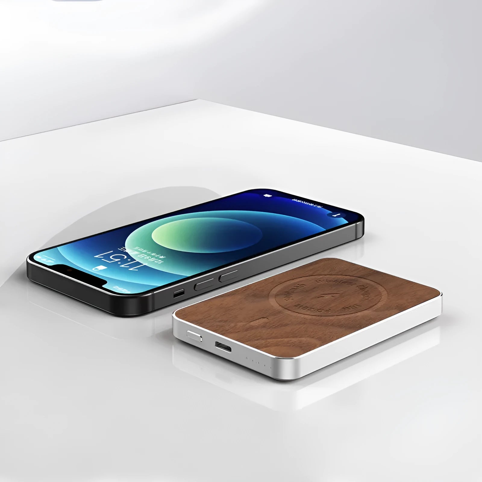 Khaki-coloured magnetic wireless charging bank with USB port and alloy shell