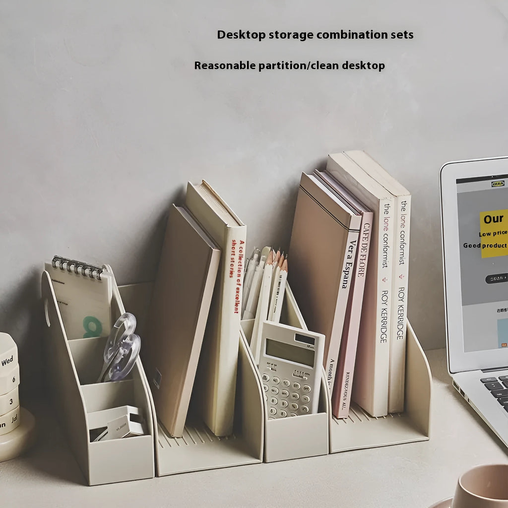 Plastic desktop storage box with two grid layers in ivory white colour