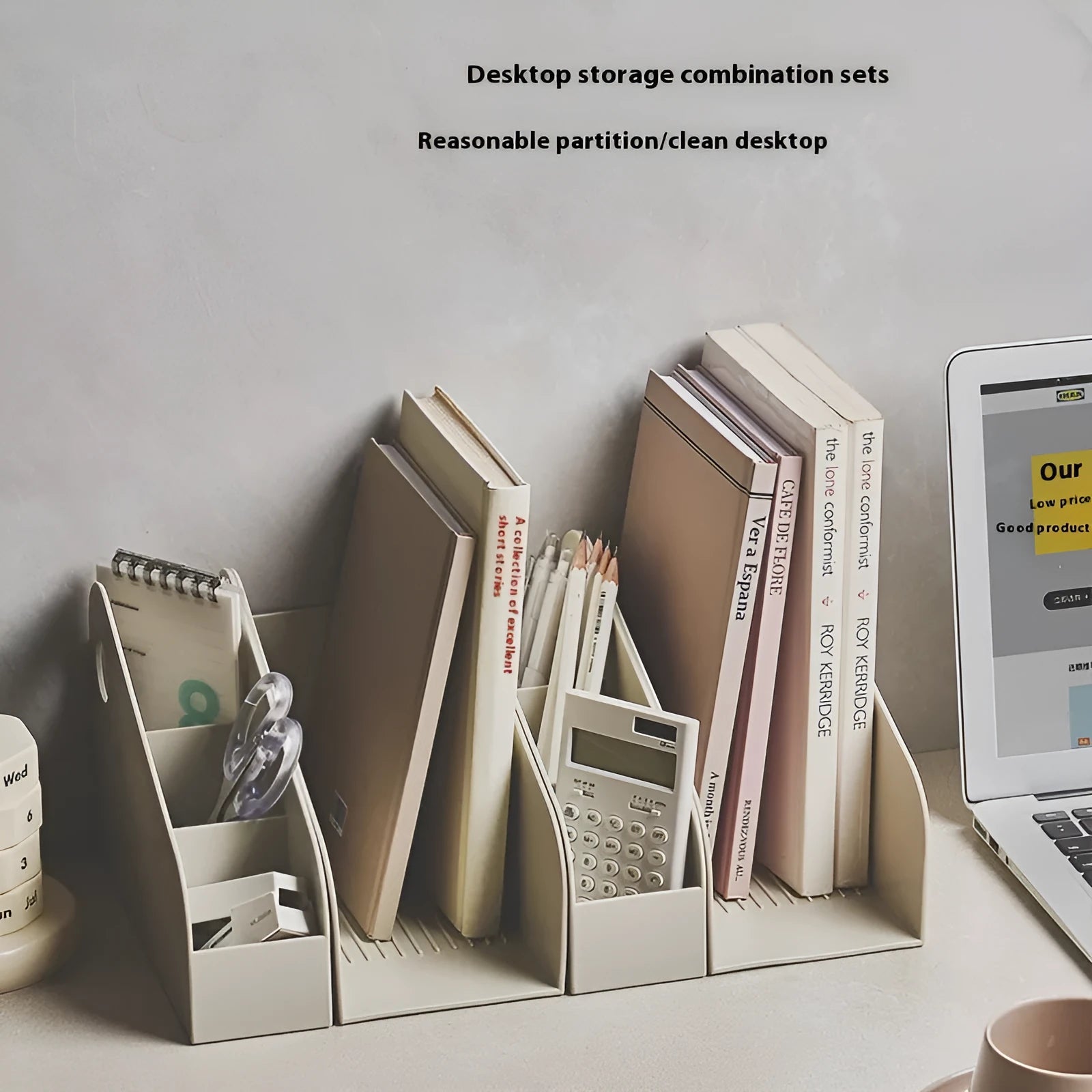 Plastic desktop storage box with two grid layers in ivory white colour