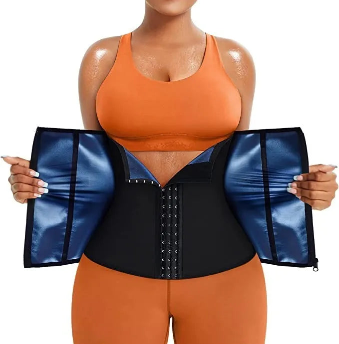 Adjustable neoprene abdominal girdle waist belt shown in blue and silver colour options.