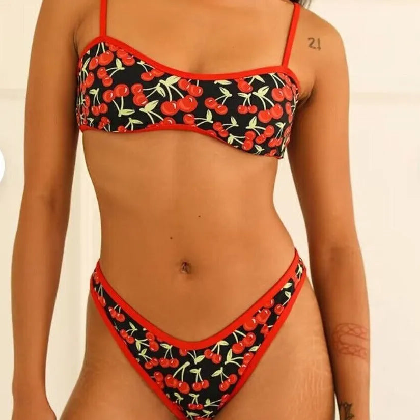 Women's cherry print polyester bikini swimsuit set with tube top and briefs