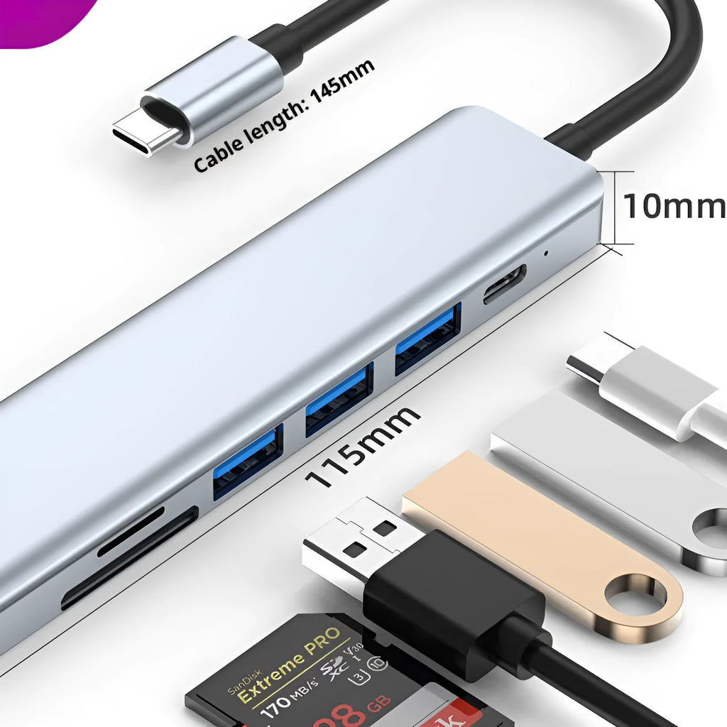 USB Type-C expander hub with seven ports and 0.145m cable for computer connectivity