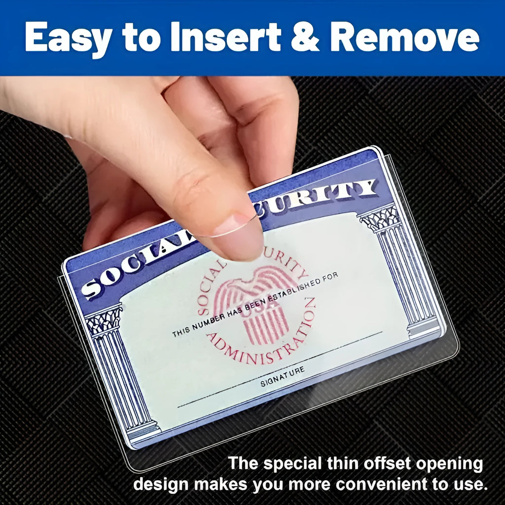 Clear PVC social security card holder with dimensions 9.7 by 5.9 centimetres.