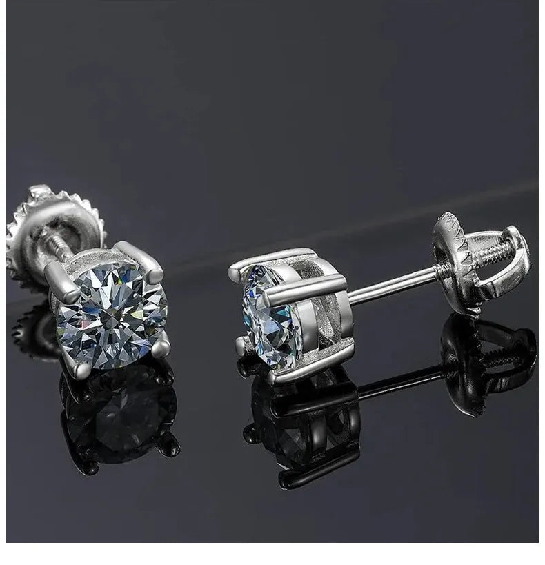 Screw back four claw moissanite stud earrings for women, 7mm geometric silver jewellery