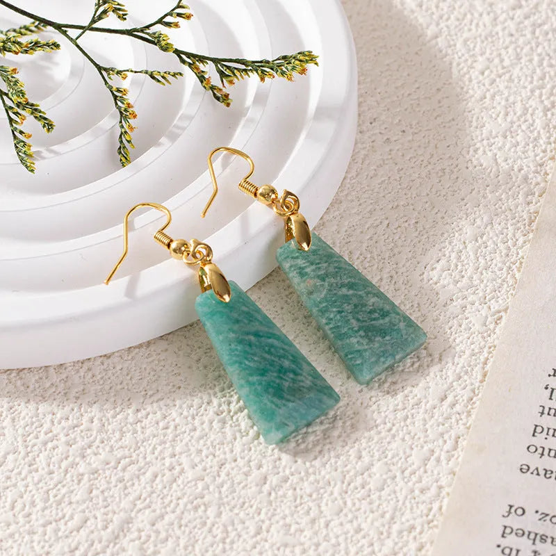Amazonite rough stone trapezoid earrings with geometric octagon design in gold and silver