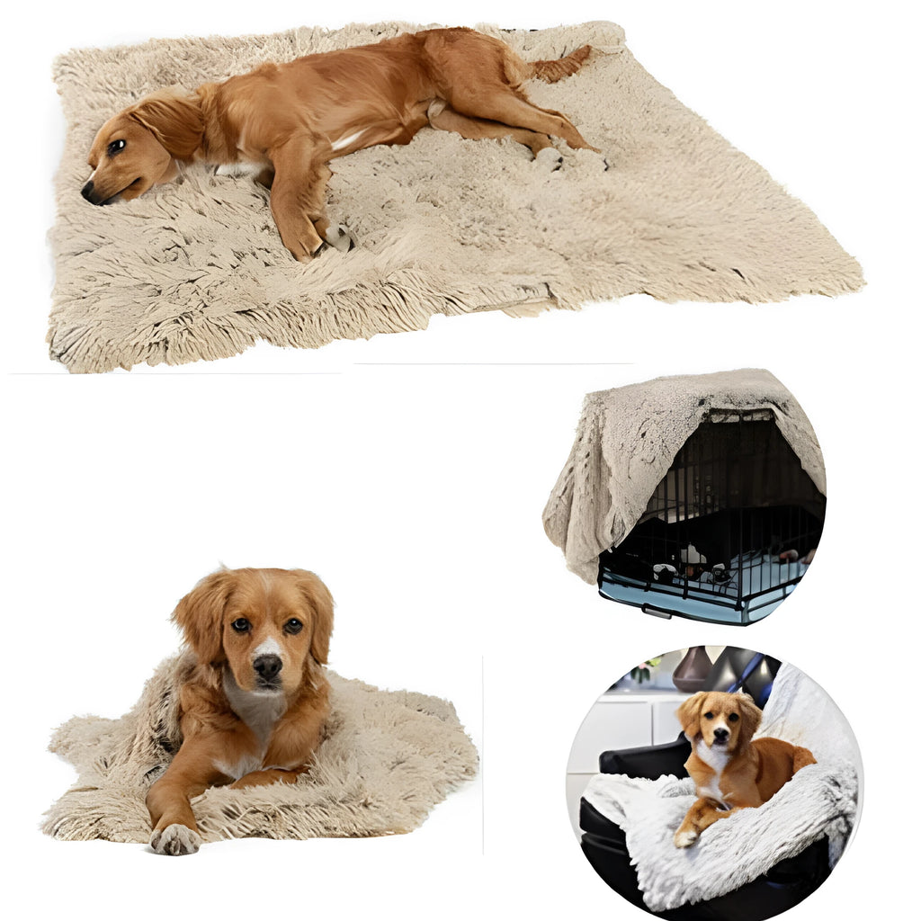 Soft grey plush pet blanket for dogs shown on a floor next to a kennel.