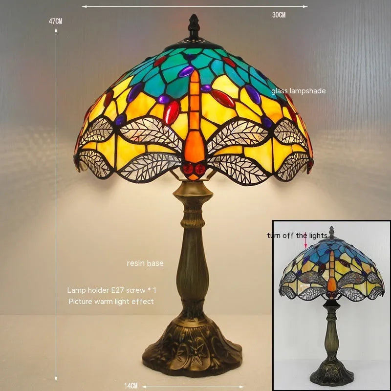 Tiffany style stone table lamp with green dragonfly motif available in 20cm 30cm and 40cm sizes for bedroom retro lighting