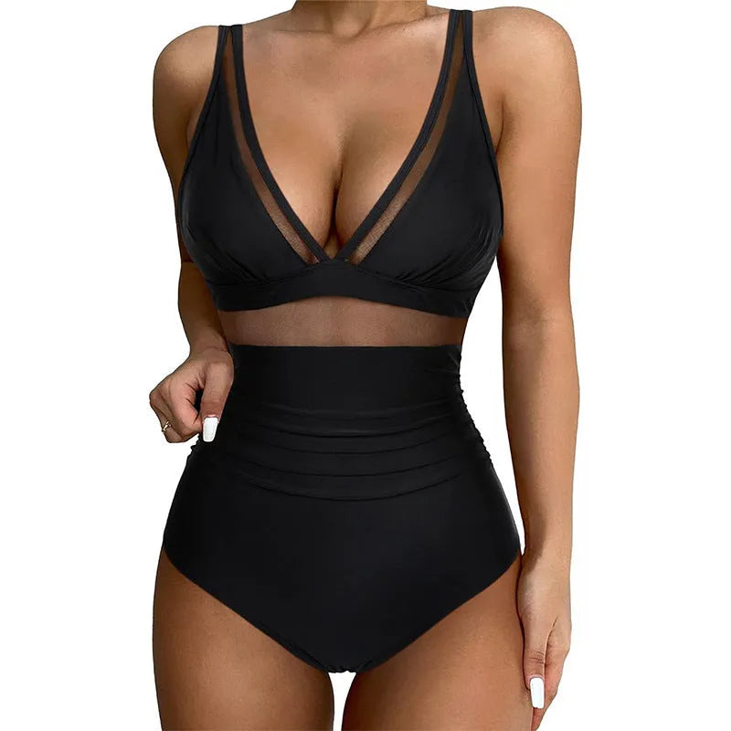 Black women's one-piece swimsuit with mesh halter neckline and briefs style bottom.