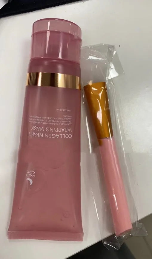 75ml bottle of collagen night face mask with application brush for even spreading.