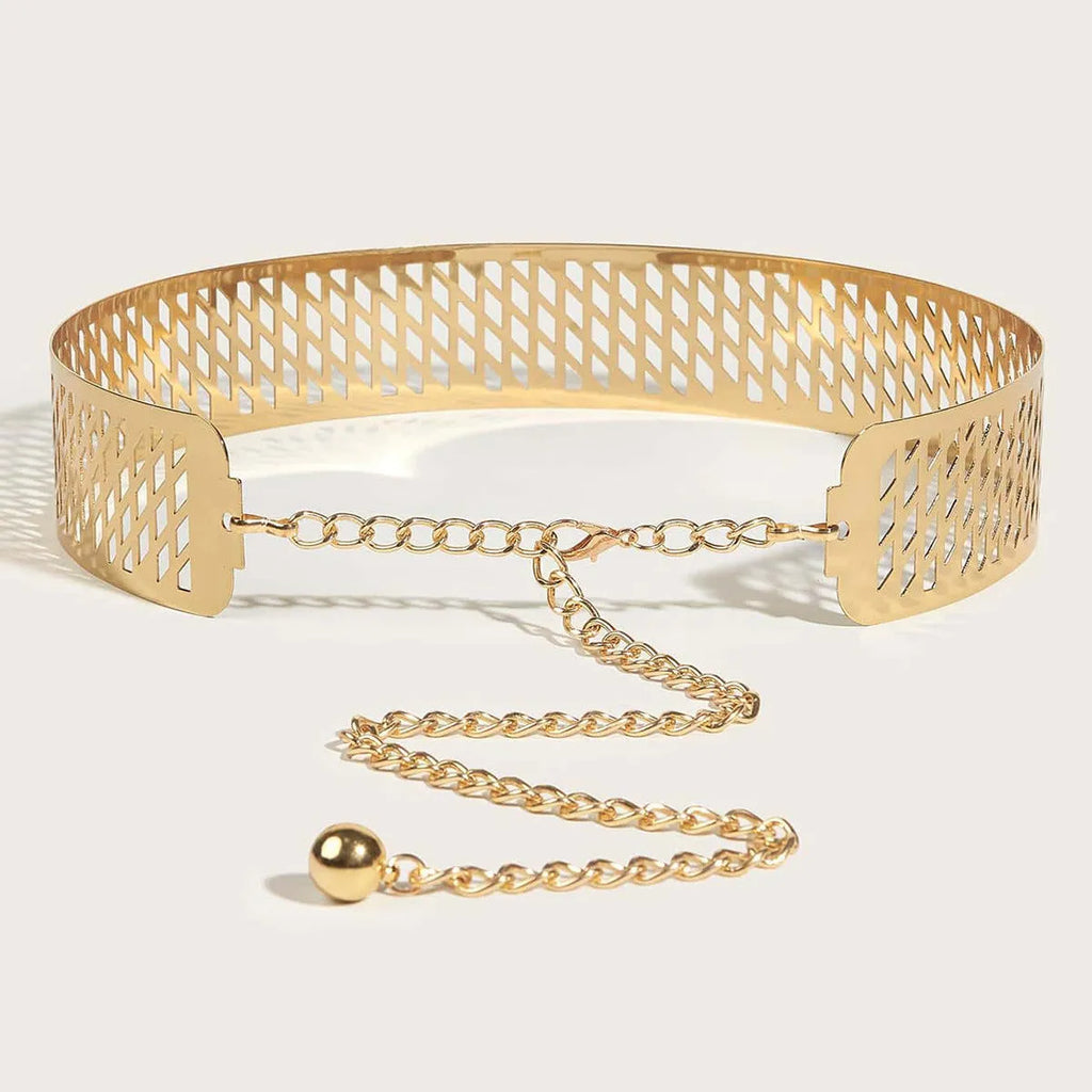 Gold thick leather look waist belt with alloy buckle, shown with hook fastening, length 105cm.