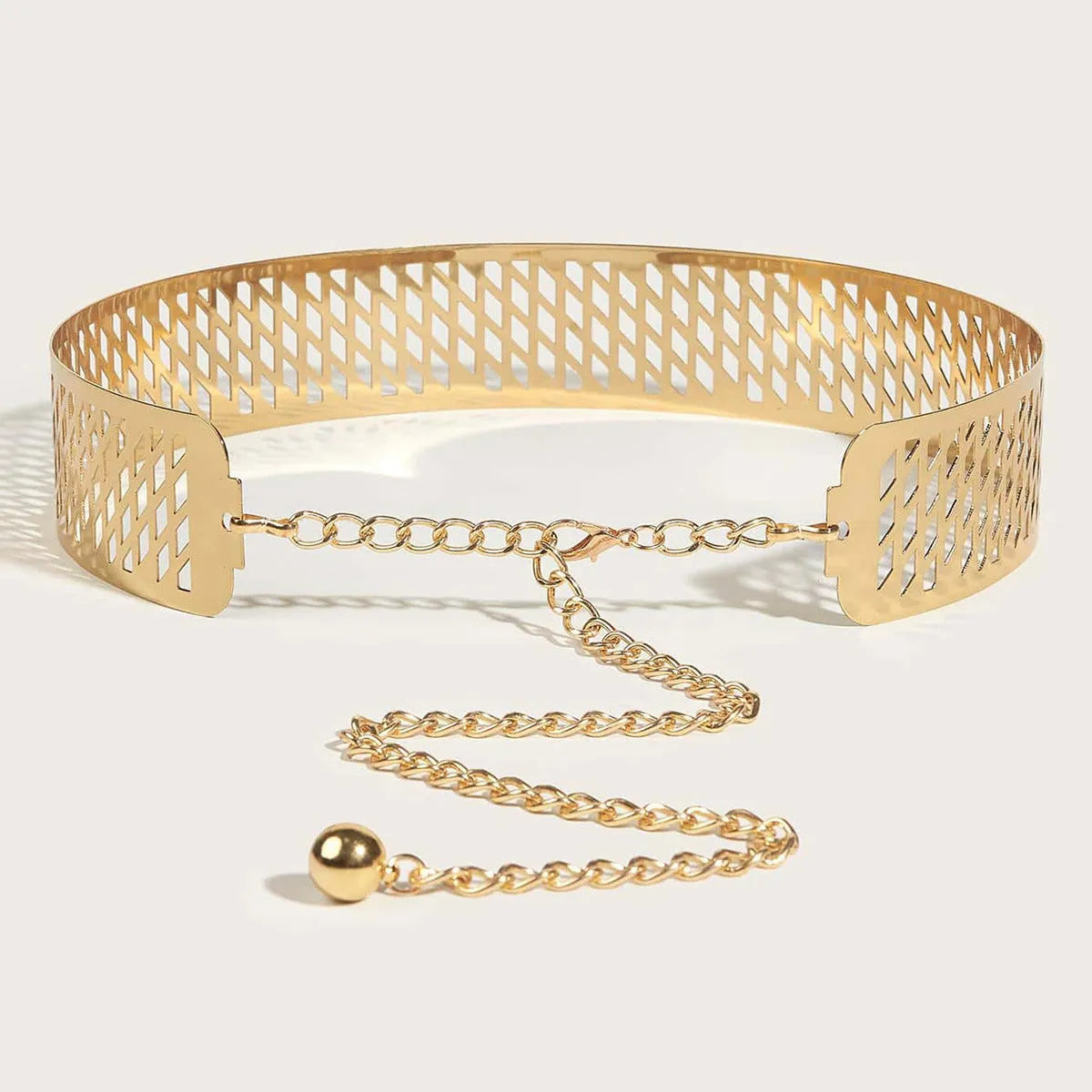 Gold thick leather look waist belt with alloy buckle, shown with hook fastening, length 105cm.