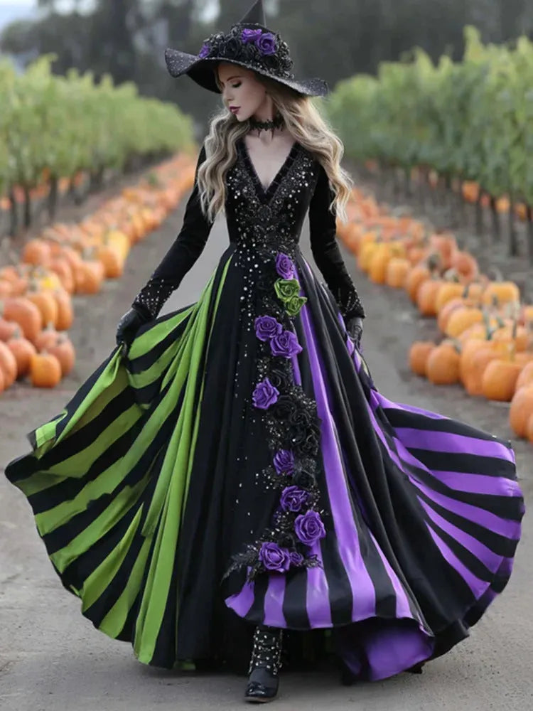 V-neck Long Sleeve Dress Large Swing Dress with High Waist Asymmetric Skirt in Green Purple Patchwork Halloween Dress in Polyester Sizes S to 5XL for Casual Street Fashion Women's Clothing