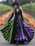 V-neck Long Sleeve Dress Large Swing Dress with High Waist Asymmetric Skirt in Green Purple Patchwork Halloween Dress in Polyester Sizes S to 5XL for Casual Street Fashion Women's Clothing