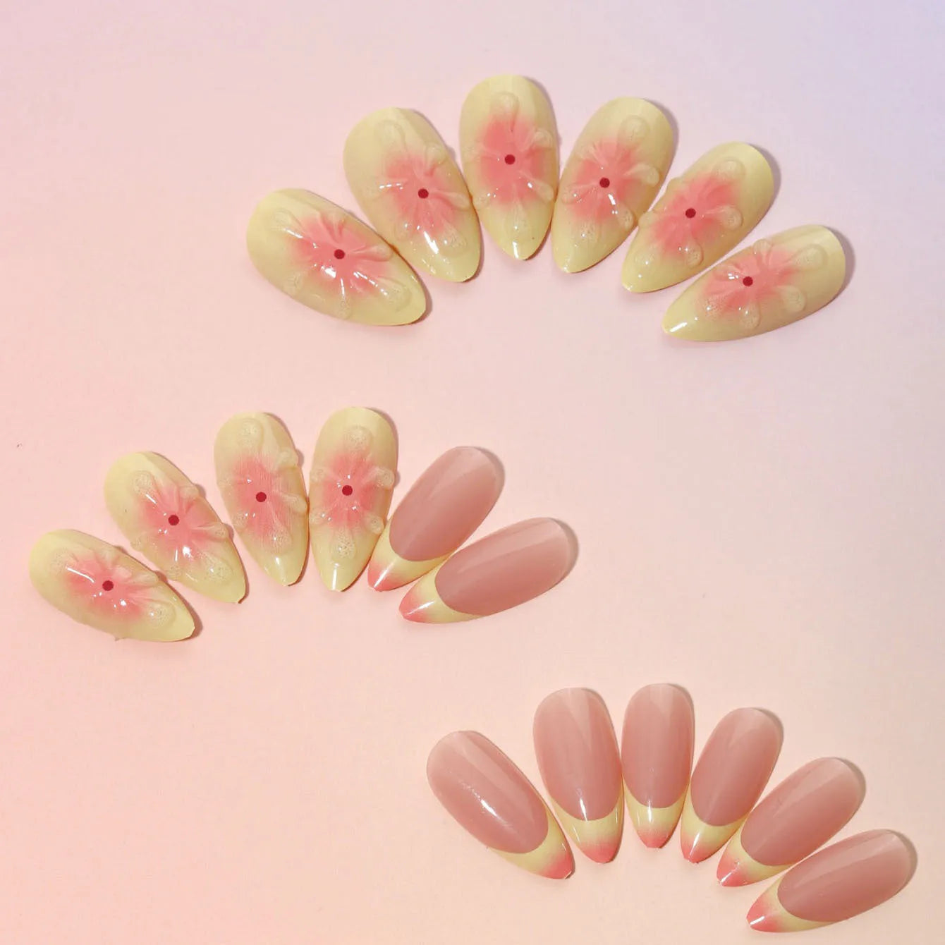Set of plastic fake nails with 3D raised cartoon flower patterns, jelly glue tube, and a nail filing strip.