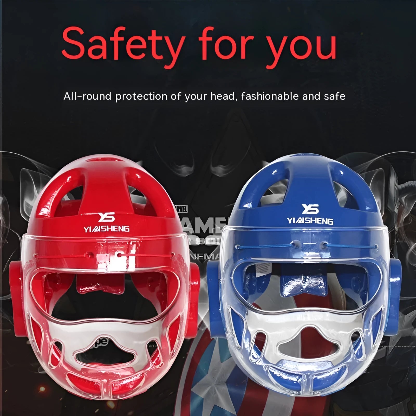 Karate boxing helmet for head protection available in blue, red and white colours with size options