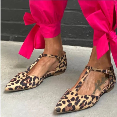Leopard print women's pumps with a pointed toe and a low chunky heel on a rubber sole.