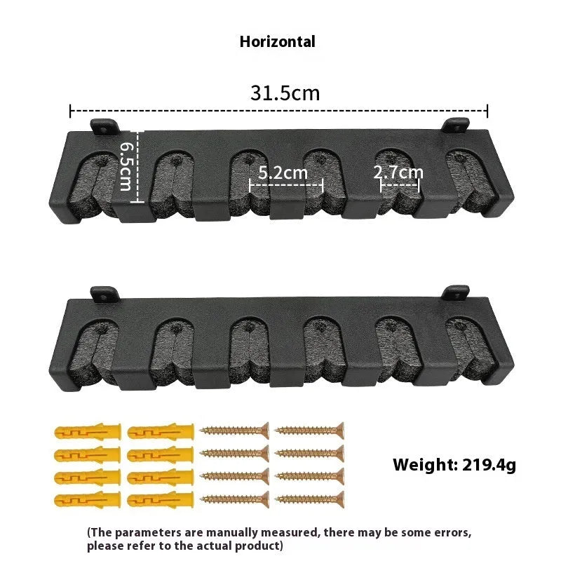 Black ABS plastic wall-mounted fishing rod holder for vertical or horizontal rod storage