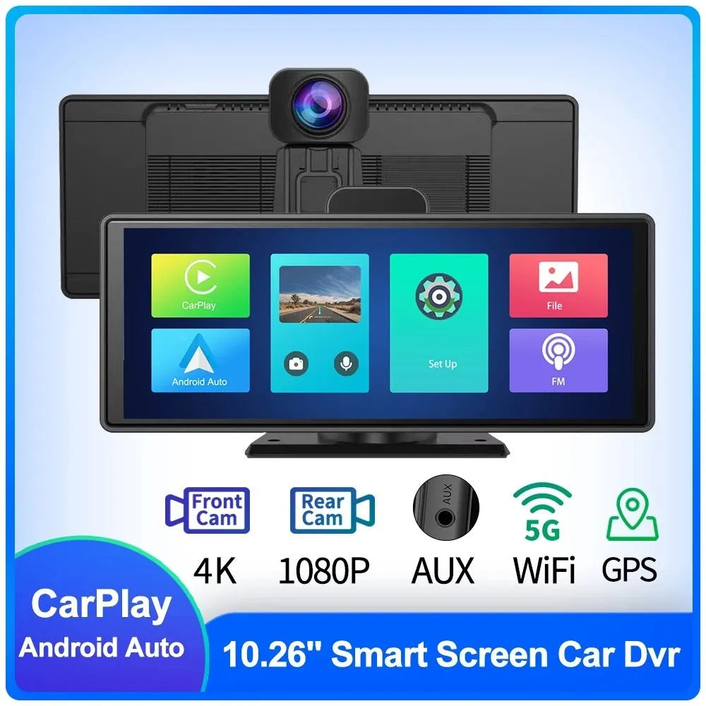 10.26-inch car dash camera with touch screen displaying dual camera view