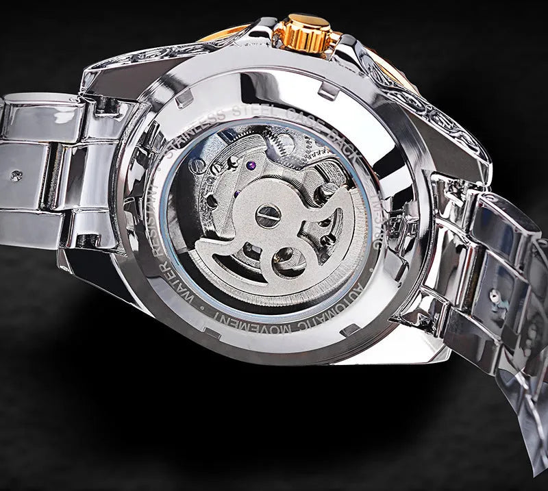 Forsining skeleton tourbillon mechanical watch with yellow gold stainless steel case and visible movement