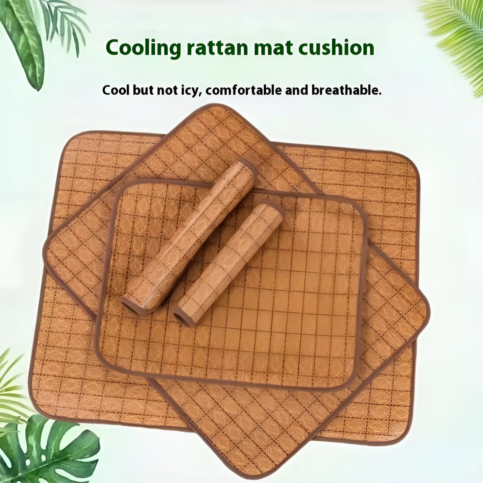 Brown woven rattan fibre dog cooling mat for summer, shown in a large size.