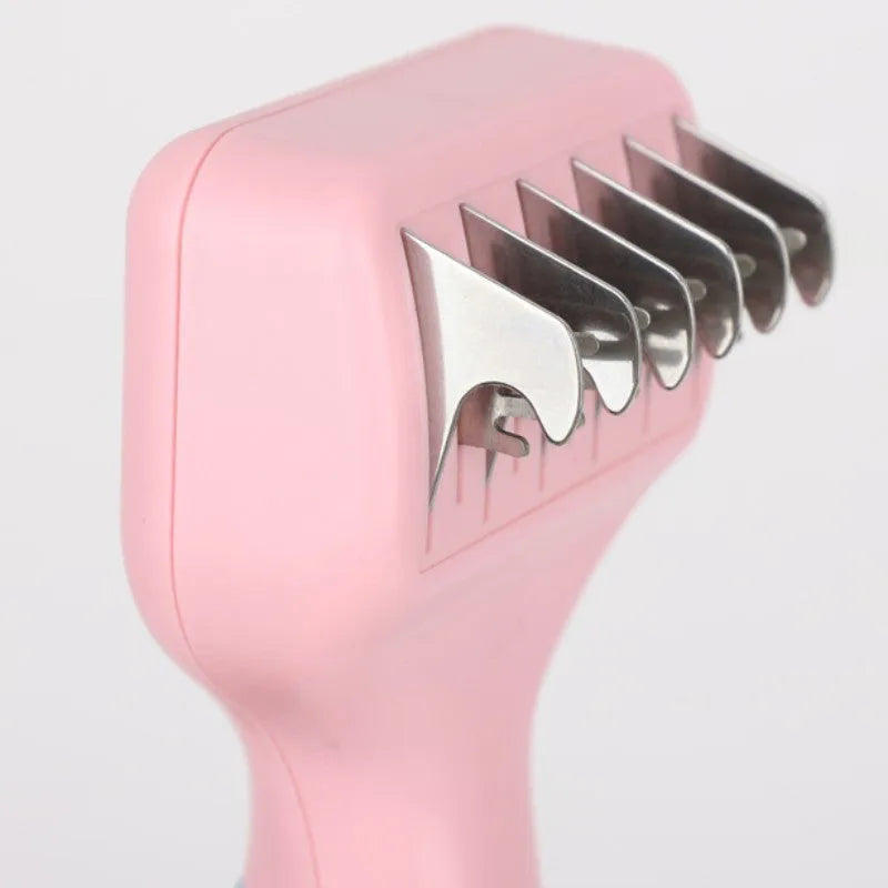 Stainless steel dog grooming comb with brush, knot knife and massage function in pink or purple