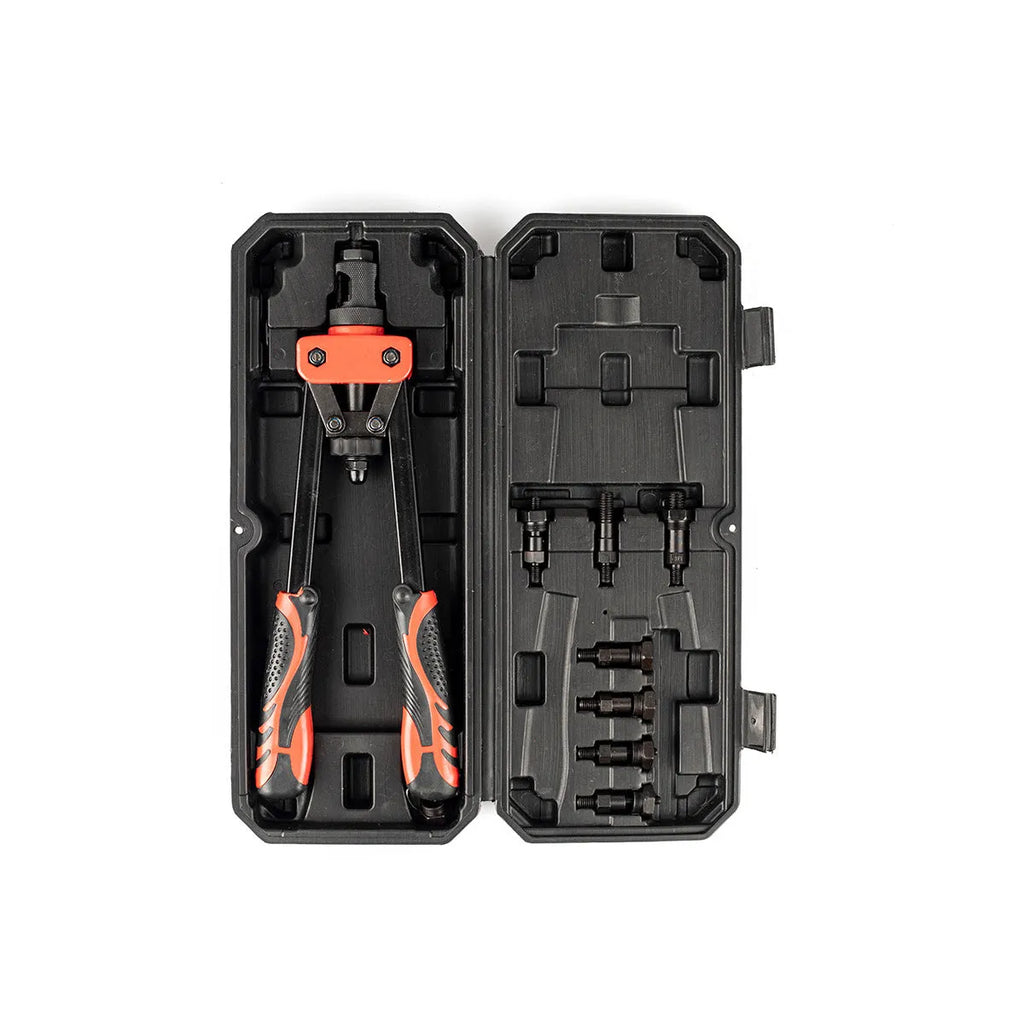 CQ14 14-inch alloy rivet nut gun with set of six M3 to M10 interchangeable tips on a workbench.