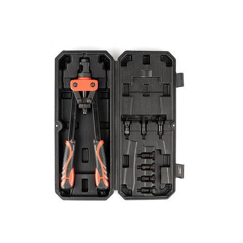 CQ14 14-inch alloy rivet nut gun with set of six M3 to M10 interchangeable tips on a workbench.