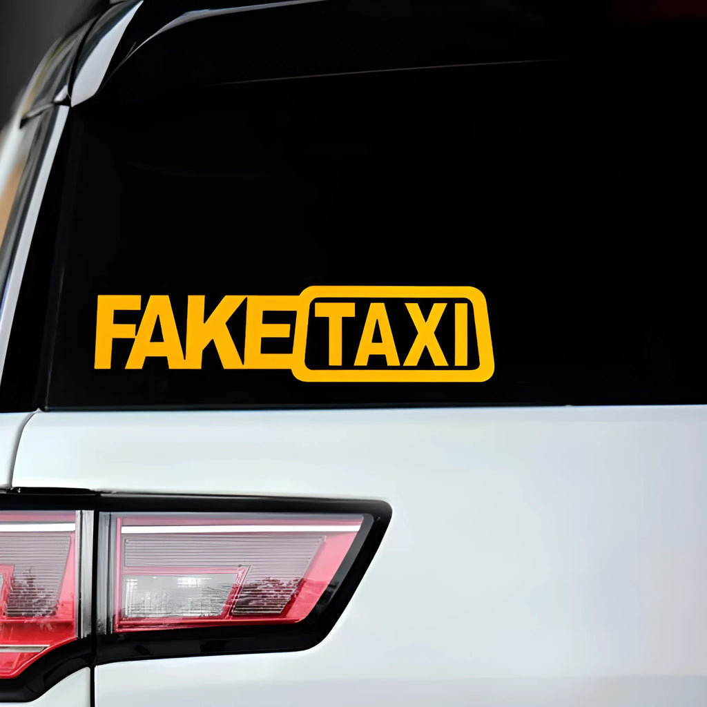 Black Fake Taxi car window sticker on glass, showing waterproof PET material and 20cm by 8cm size.
