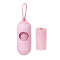Portable dog waste bag dispenser capsule with scented inner bags in strawberry, orange, and cherry blossom options