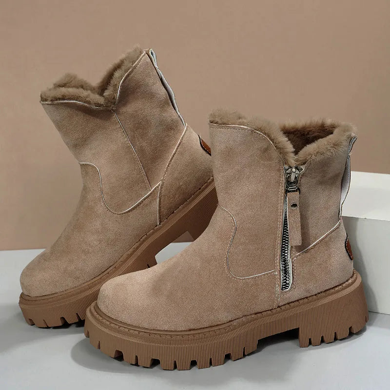 Women's thick plush snow boots with side zip, faux suede upper and non-slip rubber sole
