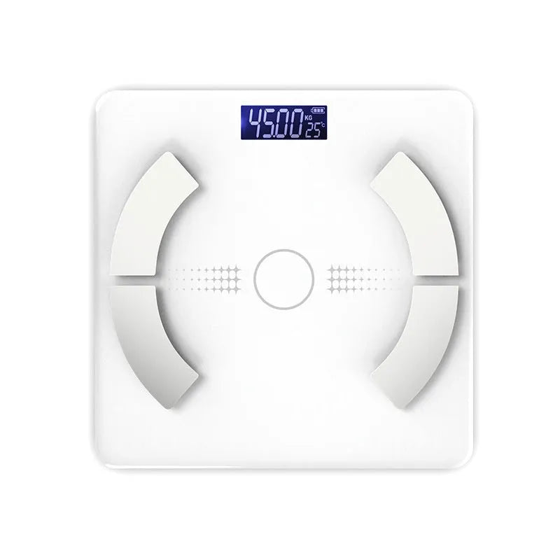 Smart Bluetooth body fat scale in white, black, or pink colours with display showing measurements