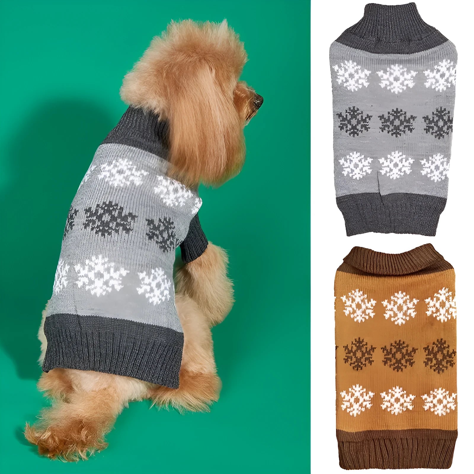 Grey snowflake pattern dog Christmas sweater shown on small dog for size reference