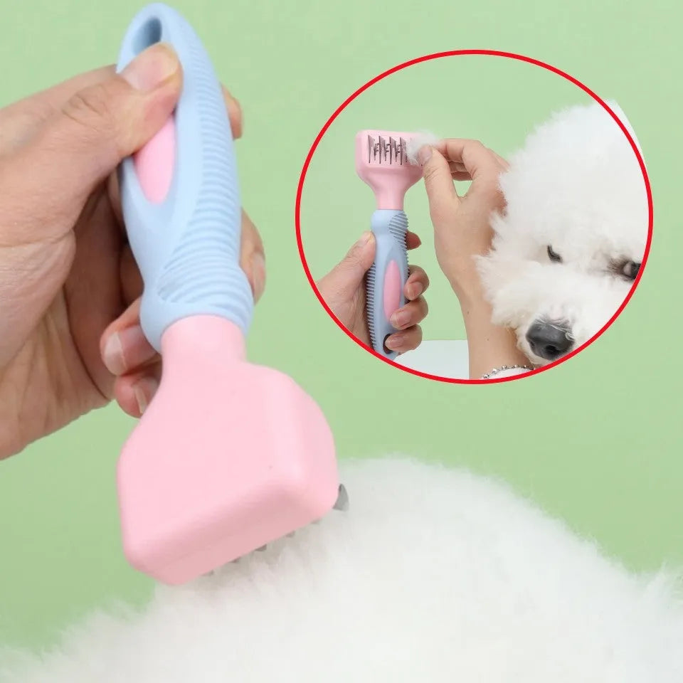 Stainless steel dog grooming comb with brush, knot knife and massage function in pink or purple