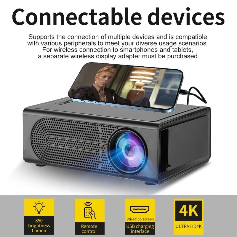 Black or white portable mini projector with wired mobile phone connection showing 320x240 resolution specification