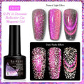 Cat eye nail polish gel bottles in six colours with diamond glitter fragments showing flickering finish